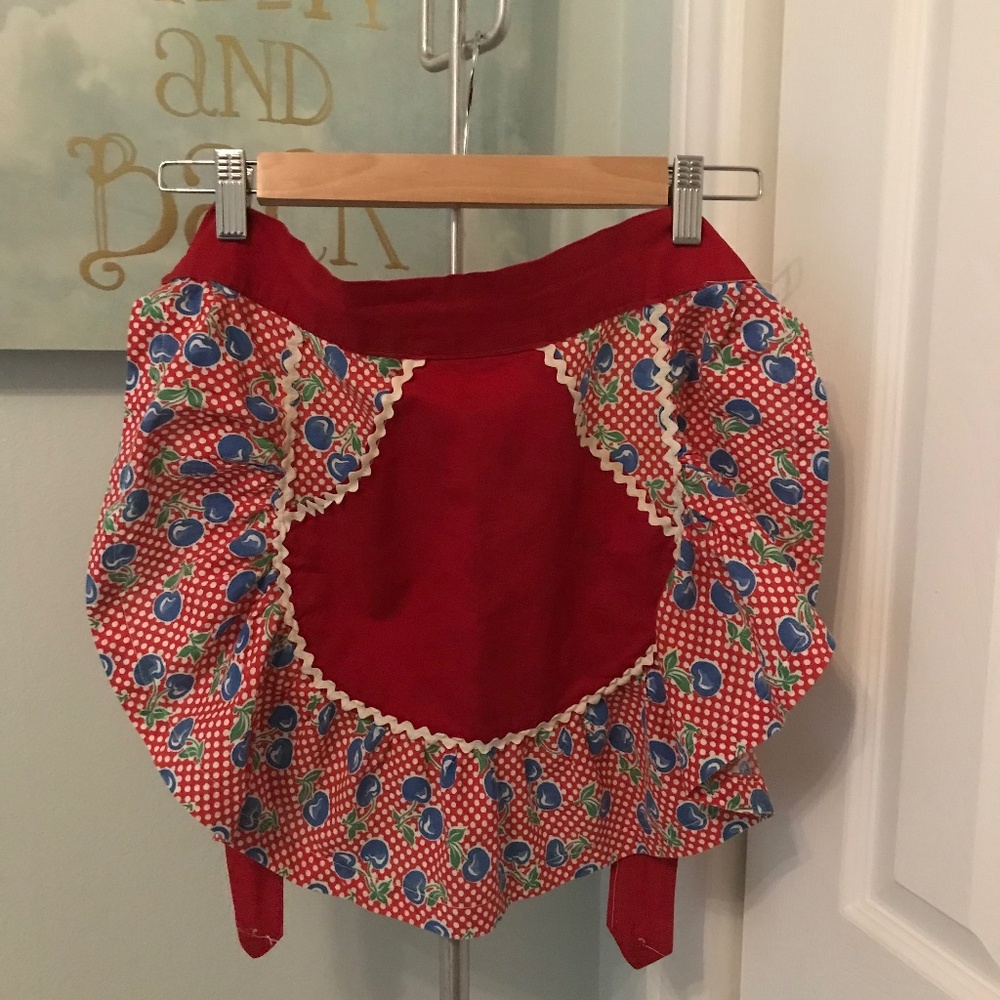 1950's Vintage Handmade Red, White, Blue Cherries Half Apron - Small / Medium